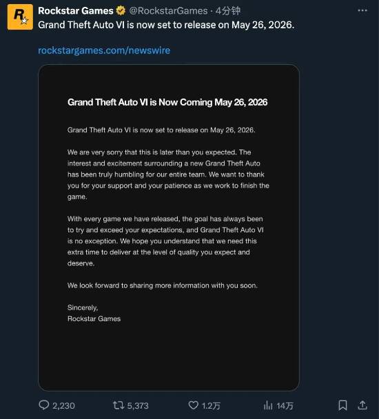 《GTA6》跳票到5月26日发售